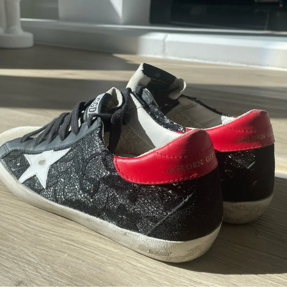 Golden Goose Black Lace Star Sneakers with Red Heal